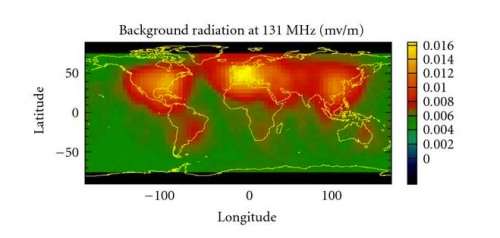 Δορυφορική μέτρηση ηλεκτρομαγνητικής ακτινοβολίας (ρύπανσης) που έγινε για λογαριασμό τού  Los Alamos Laboratory των ΗΠΑ. Οι περιοχές με μέγιστη ρύπανση (SOS) απεικονίζονται με χρυσαφί χρώμα, ακολουθούμενες με περιοχές με κόκκινο το οποίο υποδηλώνει ελαφρώς μικρότερη ρύπανση. Η Νότια Αφρική και μέρη τής Νότιας Αμερικής έχουν τη μικρότερη ρύπανση από τα ηλεκτρομανγητικά αόρατα σκουπίδια. 